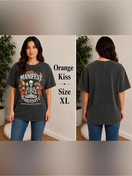 orange kiss Tops - Orange Kiss Manifest Positivity Graphic Tee Size XL Acid Wash Gray Boho Goth
